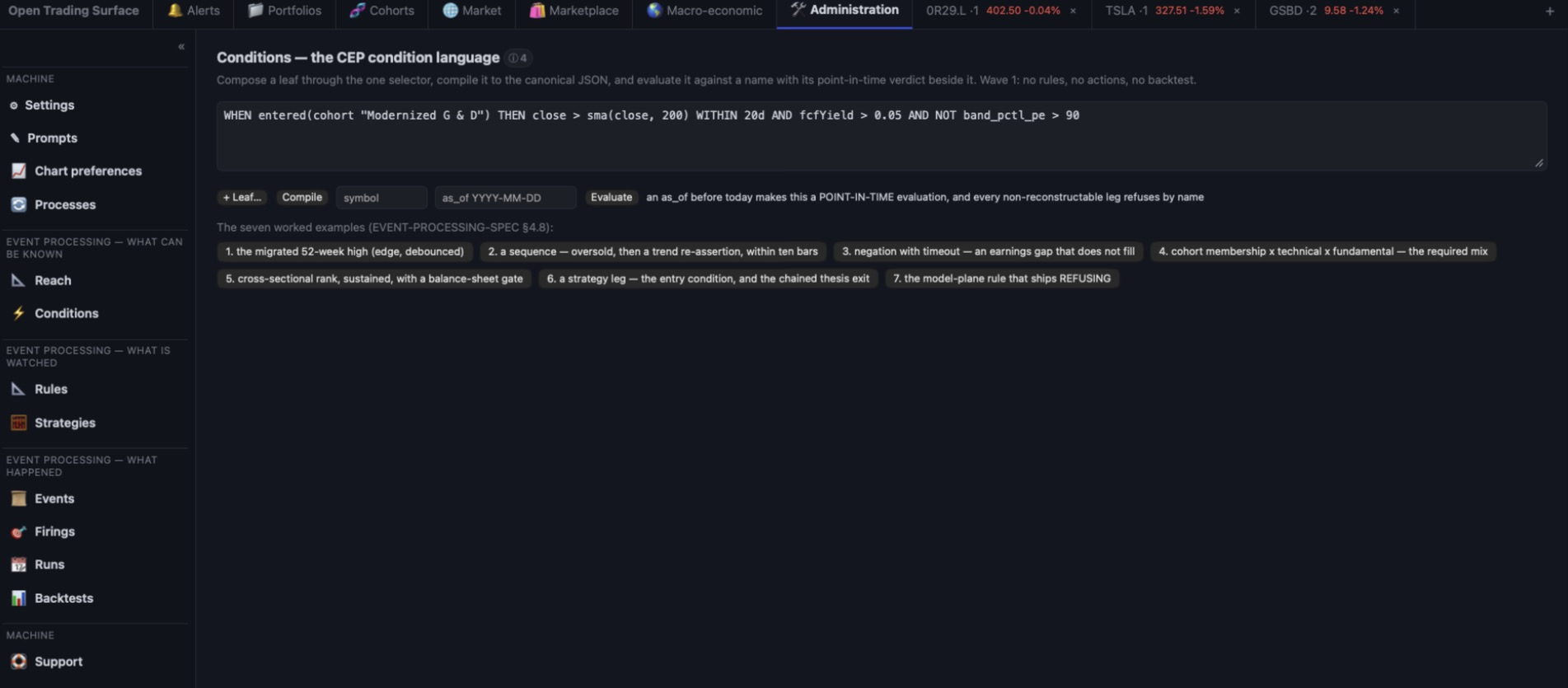 The Conditions builder in Administration: a condition tree composed from the shared attribute selector, compiled to canonical JSON, with its point-in-time verdict shown beside it.