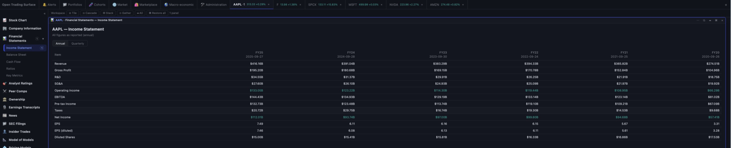 A financial statements panel showing an income statement across multiple annual periods with derived margins, in the terminal's tabular style.