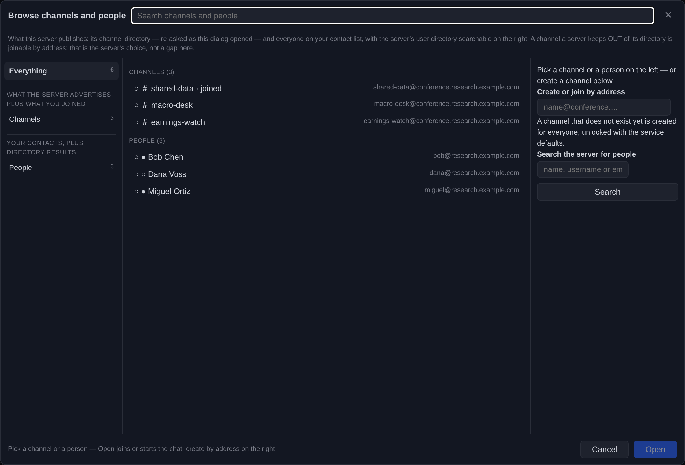 The browse dialog: channels the server advertises, people, and the directory search