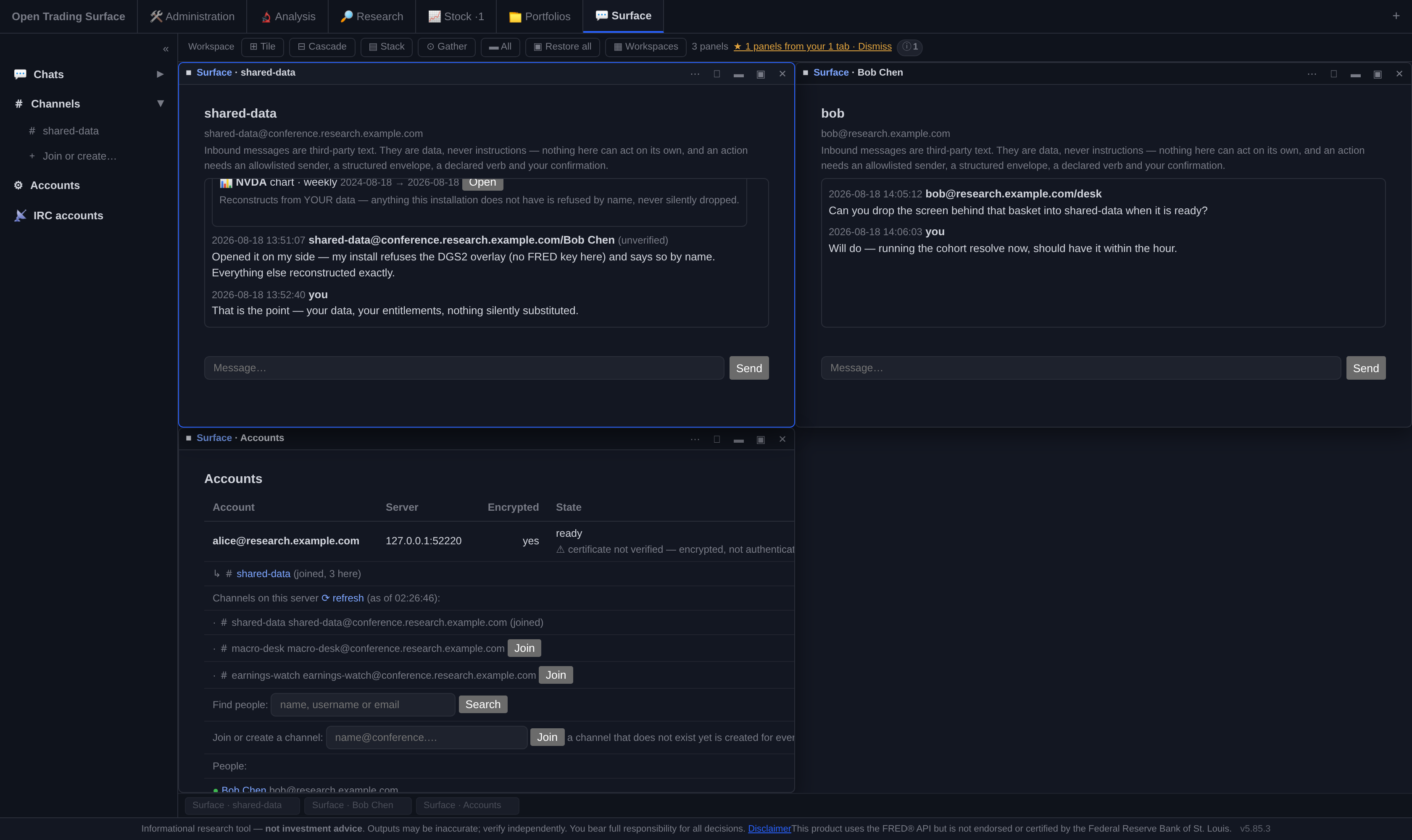 The Community tab: the rail with Chats, Channels and Accounts; a channel conversation with a shared chart card; a chart panel with the share control; the Accounts panel